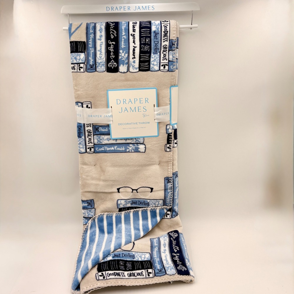 Draper James Book Shelf Print Plush Throw Blanket Blue Cream Bibliophile